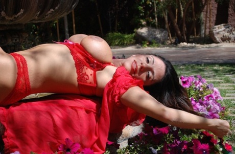 Длинноногая леди Ариэлла Феррера обнажает свои большие сиськи в саду картинка 14