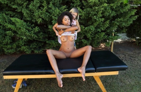 Межрасовые лесбиянки Джина Герсон и Луна Корасон занимаются сексом на столе во дворе картинка 2