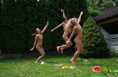 Молодая блондинка Сабрина Блонд и ее подружки лесбиянки ползают по лужайке в обнаженном виде картинка 9