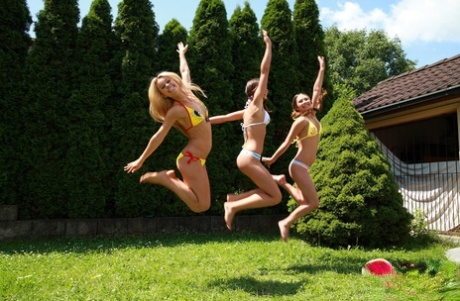 Молодая блондинка Сабрина Блонд и ее подружки лесбиянки ползают по лужайке в обнаженном виде картинка 2